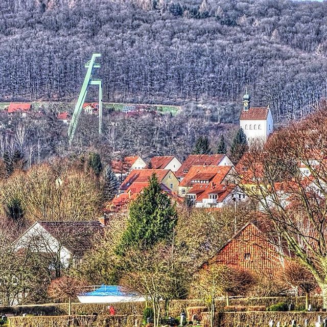 built structure, building exterior, architecture, house, tree, rural scene, growth, plant, field, residential structure, agriculture, landscape, nature, roof, day, tranquility, farm, village, outdoors, high angle view