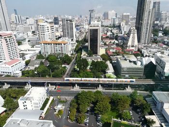 High angle view of buildings in city