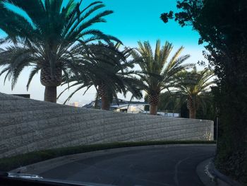 Empty road along trees and against clear sky