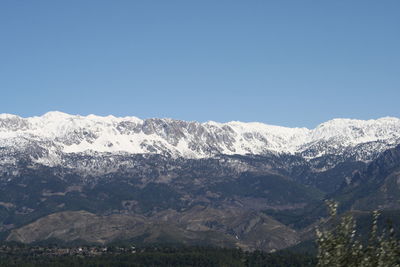 Scenic view of snow covered mountains against clear sky