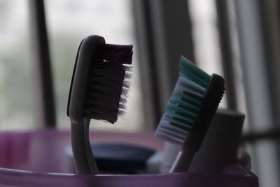 Close-up of toothbrushes in container