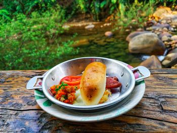 Close-up of meal served on table