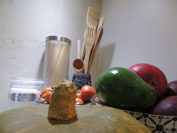 High angle view of fruits and vegetables on table