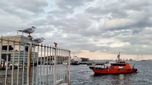 Boats in harbor against cloudy sky