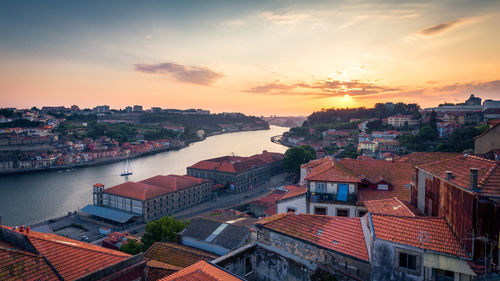 High angle view of cityscape against sky during sunset