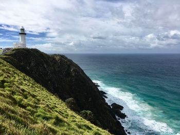 Lighthouse by sea against sky