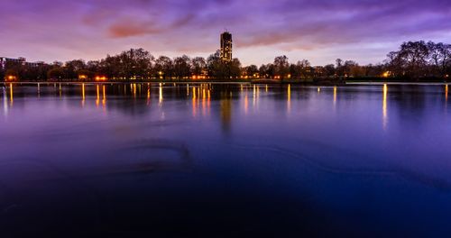 Scenic view of lake against sky at sunset