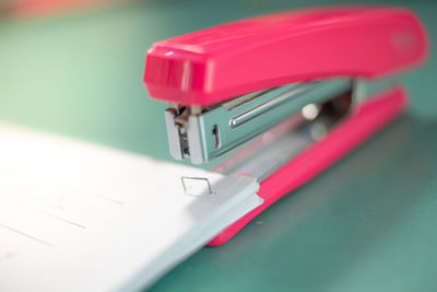 High angle view of red pen on table