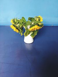 High angle view of flowers in vase on floor against wall