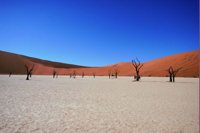 View of desert against clear blue sky