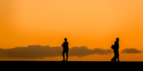 Silhouette people walking against sky during sunset