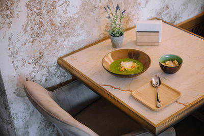 High angle view of food on table