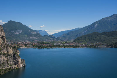 Scenic view of mountains against clear blue sky