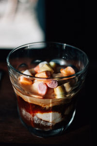 Close-up of ice cream in glass on table