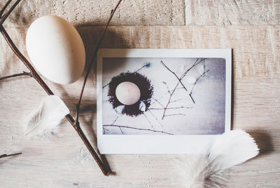 High angle view of instant photo showing easter egg on table