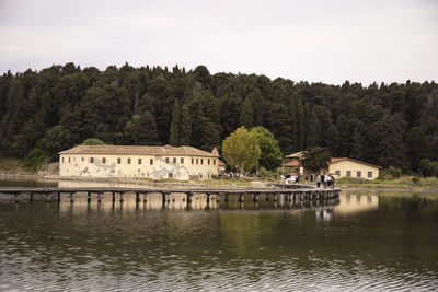 Scenic view of lake by building against sky