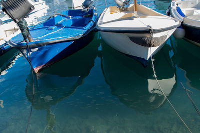 High angle view of boats moored in sea