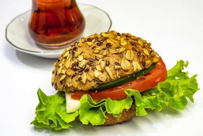 Close-up of sandwich served in plate