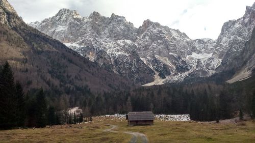 Scenic view of mountains against sky during winter