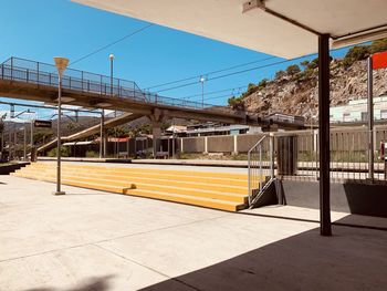 Empty railroad station platform against clear sky