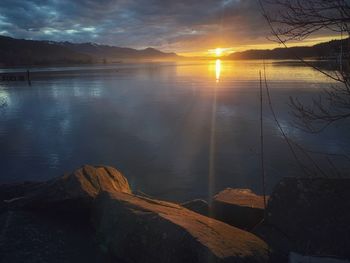 Scenic view of lake against sky during sunset