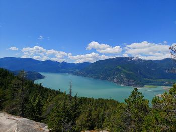 Scenic view of lake and mountains against blue sky