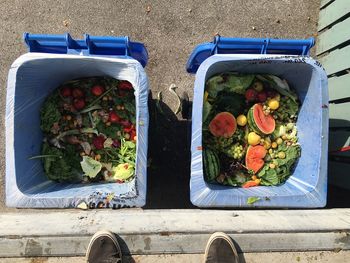 High angle view of garbage bins