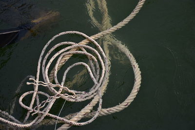 High angle view of rope in water
