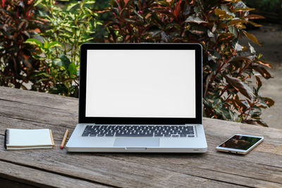Low angle view of laptop on table