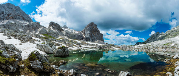 Scenic view of mountains against cloudy sky