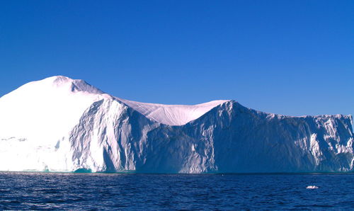 Scenic view of sea and mountains against clear blue sky