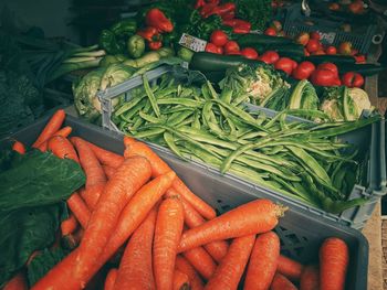 High angle view of chopped vegetables in market