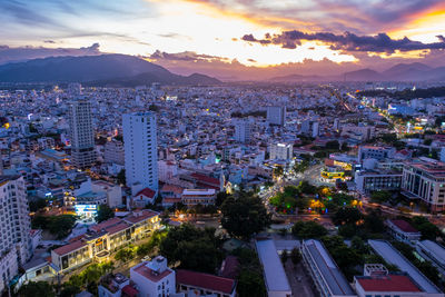 High angle view of townscape against sky during sunset