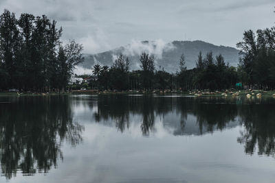 Scenic view of lake by trees against sky