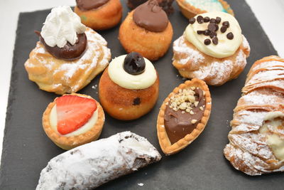 High angle view of dessert on table