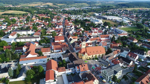 High angle view of houses in town