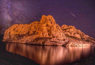 Rocky mountains by river against milky way