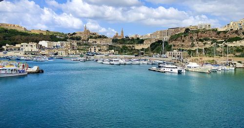 Sailboats moored in harbor by city against sky