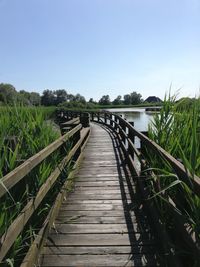 Boardwalk leading towards landscape against clear sky