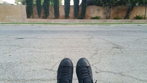 Low section of person wearing canvas shoe resting at street