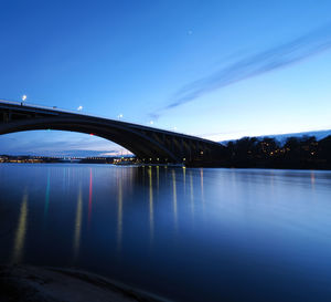 Bridge over river against blue sky at night