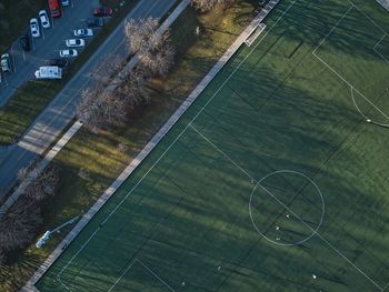 High angle view of soccer field