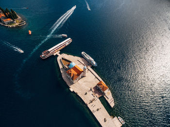 High angle view of boats in sea