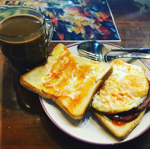 Close-up of breakfast served on table