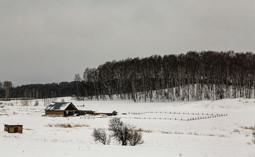 Scenic view of snow covered trees and houses against sky