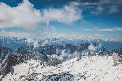 Aerial view of snowcapped mountains against sky