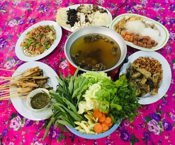 High angle view of meal served on table