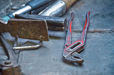 Close-up of rusty metallic work tools