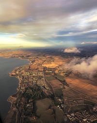 Aerial view of city during sunset