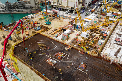 High angle view of construction site by pier